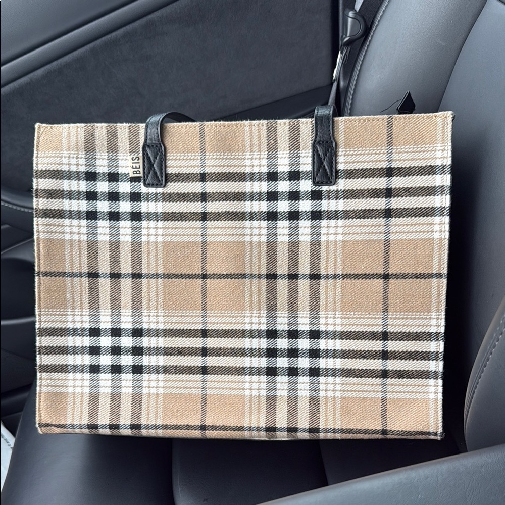 Beige and Black Plaid Beis Work Tote